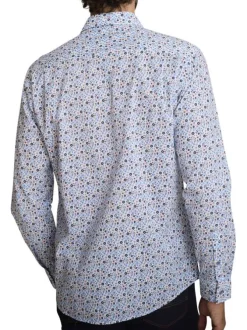 Chemise en coton bleu à coupe droite ornée d'un motif floral tricolore