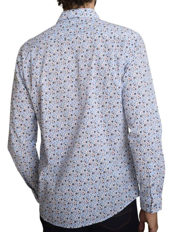 Chemise en coton bleu à coupe droite ornée d'un motif floral tricolore