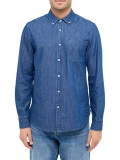 Chemise en coton bleue brut aspect denim à coupe slim fit et à col américain