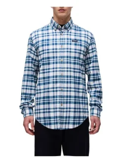 Chemise en coton bleue à carreaux avec une coupe ajustée et un col américain