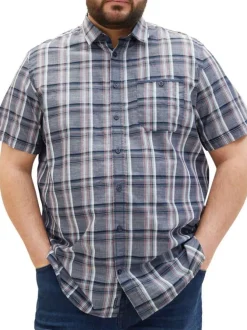 Chemise en coton bleue à carreaux à coupe droite et col français