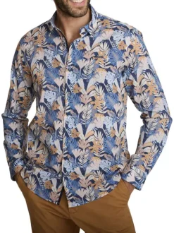 Chemise en coton bleue à coupe ajustée pourvue d'un col à revers
