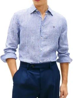 Chemise en coton bleue à coupe droite ornée d'un motif à rayures