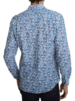 Chemise en coton bleue à coupe droite ornée d'un motif végétal