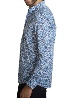 Chemise en coton bleue à coupe droite ornée d'un motif végétal