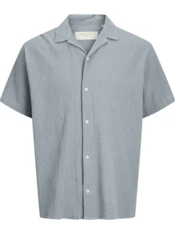 Chemise en coton bleue à coupe droite pourvue d'un col cubain