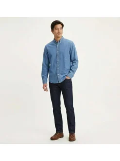 Chemise en coton bleue à coupe droite pourvue d'une col boutonné