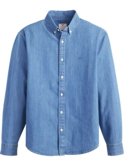 Chemise en coton bleue à coupe droite pourvue d'une col boutonné