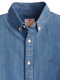 Chemise en coton bleue à coupe droite pourvue d'une col boutonné