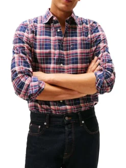 Chemise en coton bleue et rouge à coupe droite ornée d'un imprimé carreaux