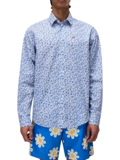 Chemise en coton bleue imprimée avec une coupe droite et un col français