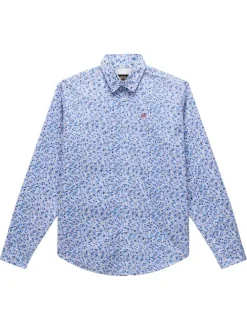 Chemise en coton bleue imprimée avec une coupe droite et un col français