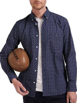 Chemise en coton bleue marine imprimée à col américain et à manches longues