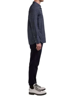 Chemise en coton bleue marine imprimée à col américain et à manches longues