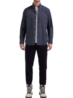 Chemise en coton bleue marine imprimée à col américain et à manches longues