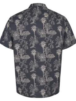 Chemise en coton bleue marine tropicale avec col cubain et manches courtes