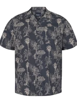 Chemise en coton bleue marine tropicale avec col cubain et manches courtes