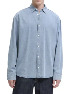 Chemise en coton bleue unie à coupe droite pourvue d'un col à revers