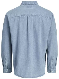 Chemise en coton bleue unie à coupe droite pourvue d'un col à revers