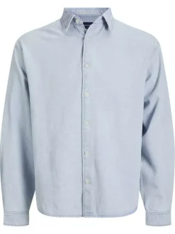 Chemise en coton bleue unie à coupe droite pourvue d'un col à revers