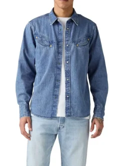 Chemise en coton bleue unie coupe regular pourvue d'un col à rabats