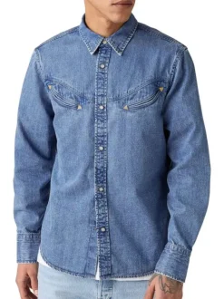 Chemise en coton bleue unie coupe regular pourvue d'un col à rabats