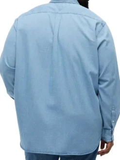 Chemise en coton bleue unie pourvue d'une coupe droite et d'un col américain