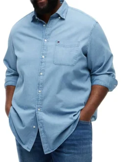 Chemise en coton bleue unie pourvue d'une coupe droite et d'un col américain