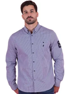 Chemise en coton bleue vichy avec une coupe ajustée et un col boutonné
