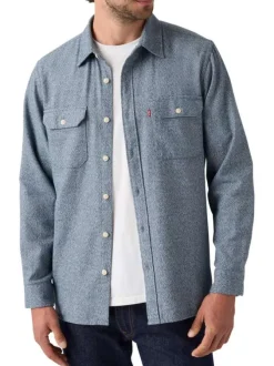 Chemise en coton bleu gris chinée avec une coupe droite et 2 poches