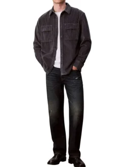 Chemise en coton bleu gris en velours avec une coupe droite et un col à revers