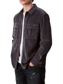 Chemise en coton bleu gris en velours avec une coupe droite et un col à revers