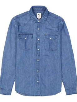 Chemise en coton bleu jean clair uni à coupe droite avec un col chemise