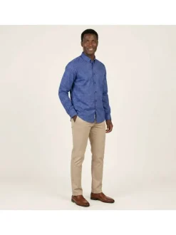 Chemise en coton bleu marine avec une coupe droite et un col américain