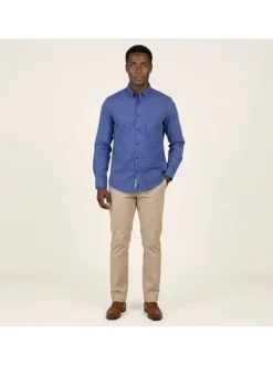 Chemise en coton bleu marine avec une coupe droite et un col américain