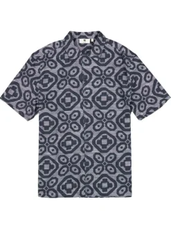 Chemise en coton bleu marine à motifs abstraits imprimés avec une coupe droite