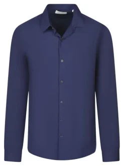 Chemise en coton bleu marine unie avec un col français et une coupe slim