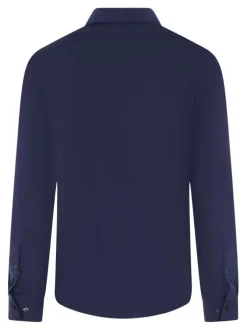 Chemise en coton bleu marine unie avec un col français et une coupe slim