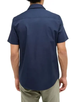 Chemise en coton bleu marine unie avec une coupe slim et un col français