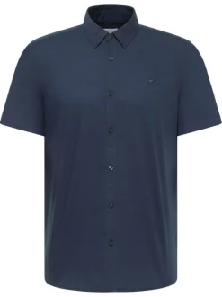 Chemise en coton bleu marine unie avec une coupe slim et un col français