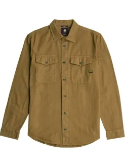 Chemise en coton brun unie avec une coupe droite et des poches