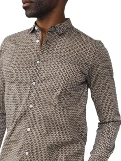 Chemise en coton caramel imprimée à manches longues avec une poche poitrine