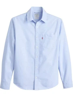 Chemise en coton ciel à coupe droite pourvue d'un col à revers