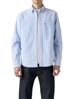 Chemise en coton ciel à coupe droite pourvue d'un col à revers