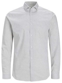Chemise en coton écrue imprimée géométrique à coupe slim et col italien