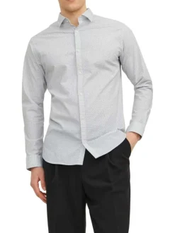 Chemise en coton écrue imprimée géométrique à coupe slim et col italien
