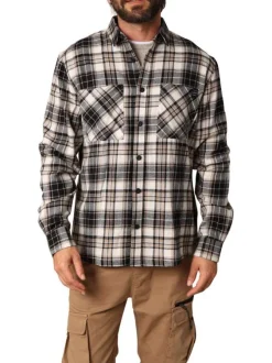 Chemise en coton écrue, noire et marron à motif écossais avec un col à rabats