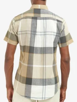 Chemise en coton et lin mélangé beige à carreaux et coupe ajustée col américain