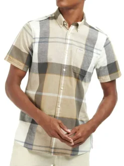 Chemise en coton et lin mélangé beige à carreaux et coupe ajustée col américain