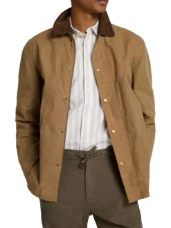 Chemise en coton et lin mélangé beige à rayures avec une coupe slim fit